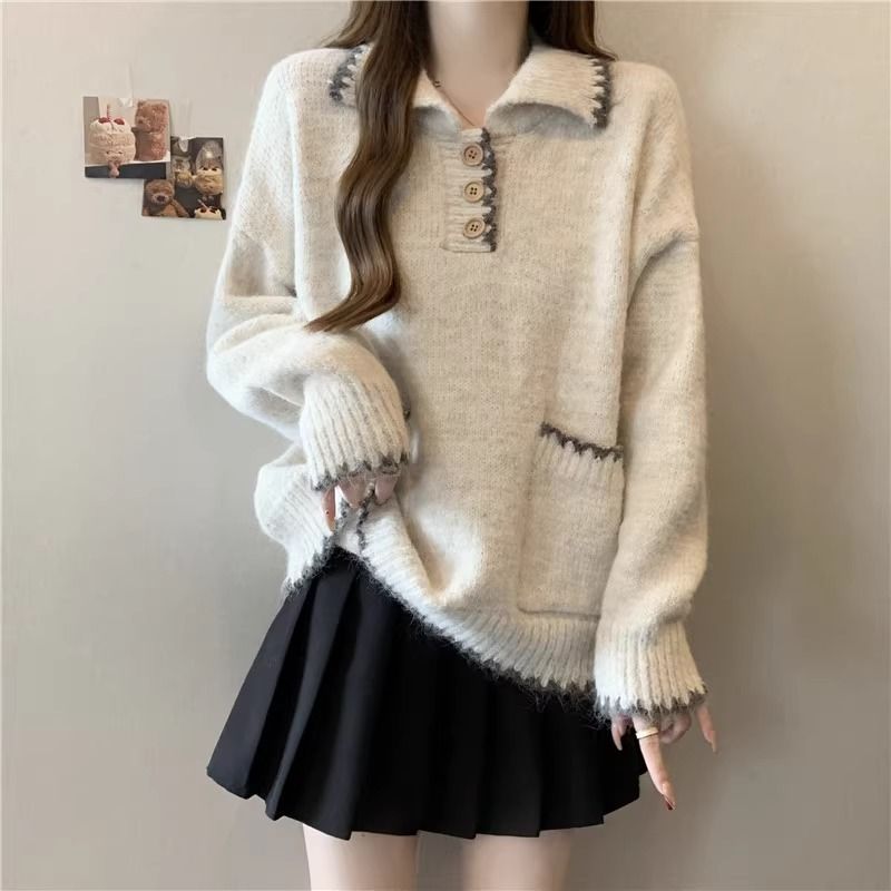 2025 Suéter de malha grosso com gola polo solta e preguiçosa para mulheres, outono e inverno, novo, slim fit, camada interna, camisa de base_voghion.com