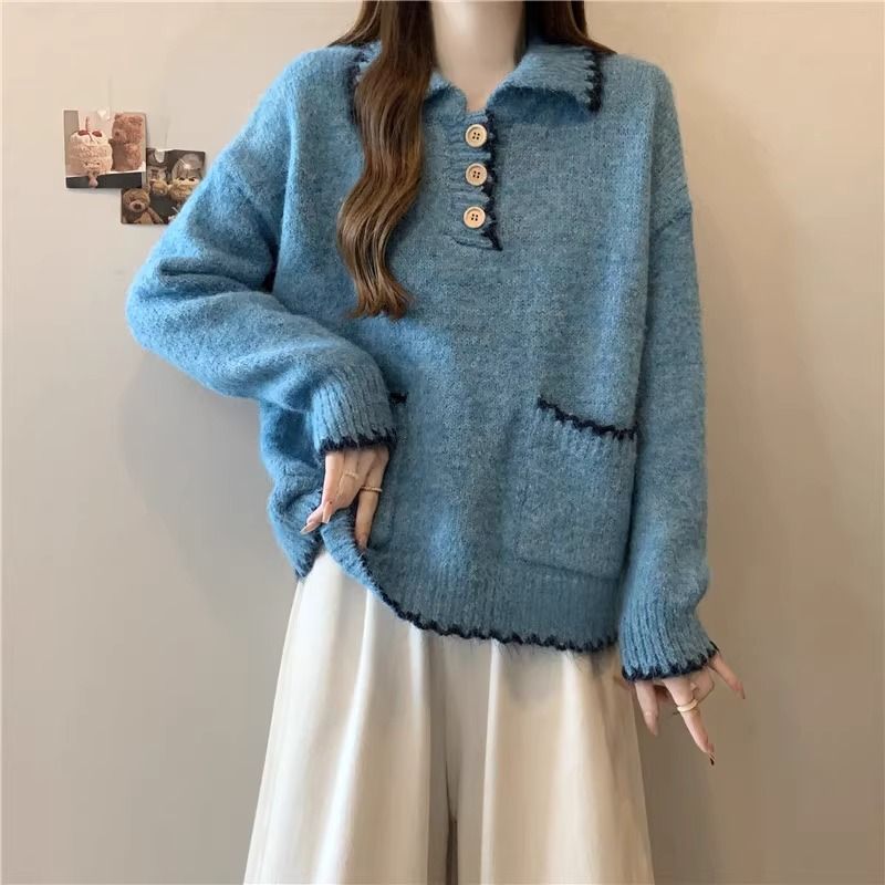 2025 Suéter de malha grosso com gola polo solta e preguiçosa para mulheres, outono e inverno, novo, slim fit, camada interna, camisa de base_voghion.com