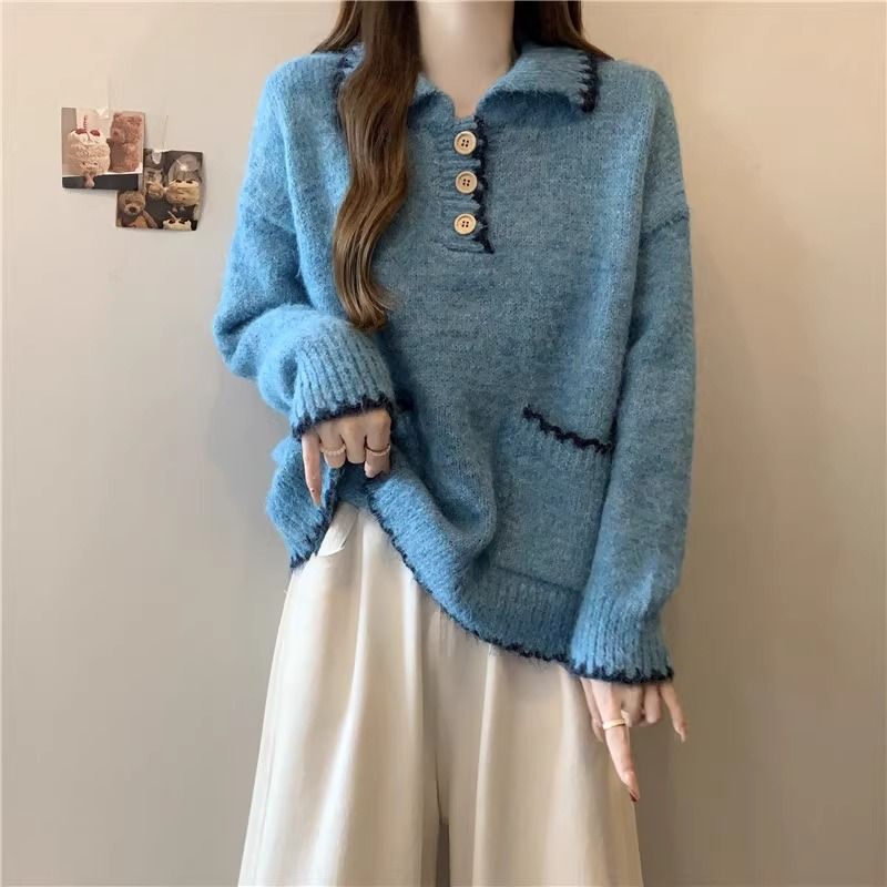 2025 Suéter de malha grosso com gola polo solta e preguiçosa para mulheres, outono e inverno, novo, slim fit, camada interna, camisa de base_voghion.com
