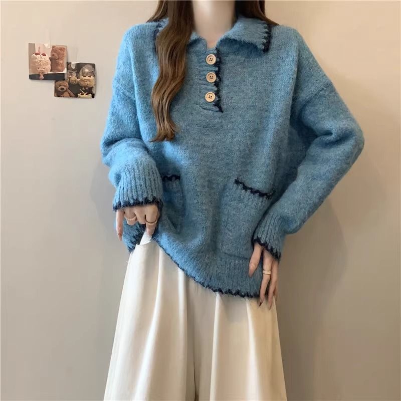2025 Suéter de malha grosso com gola polo solta e preguiçosa para mulheres, outono e inverno, novo, slim fit, camada interna, camisa de base_voghion.com