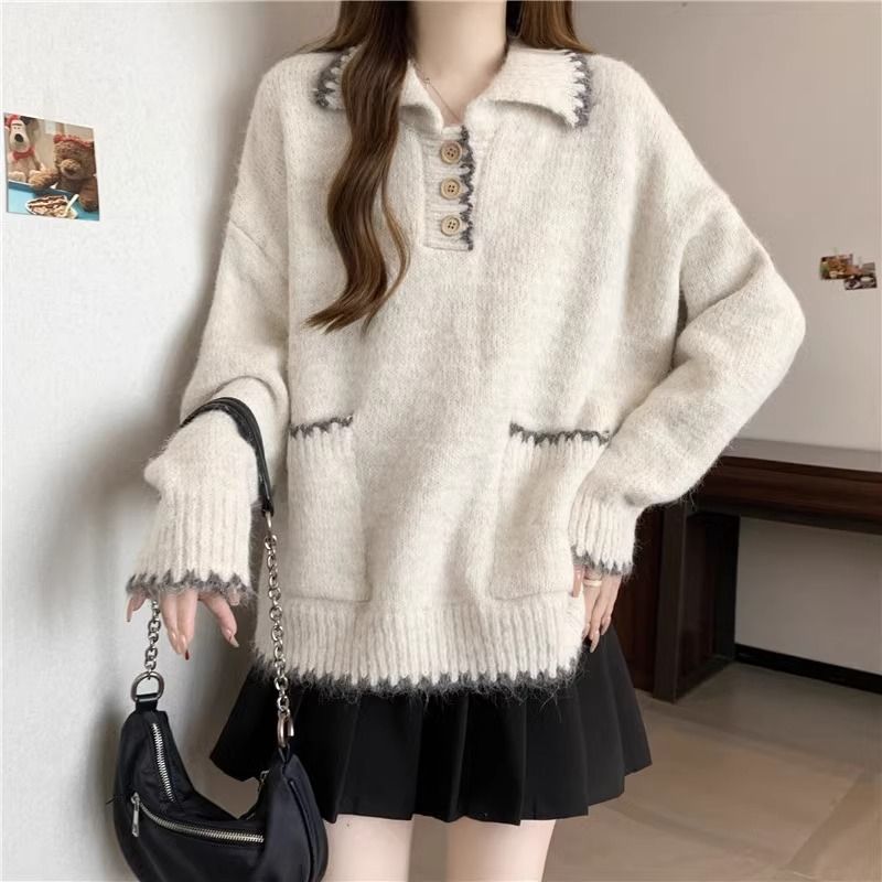 2025 Suéter de malha grosso com gola polo solta e preguiçosa para mulheres, outono e inverno, novo, slim fit, camada interna, camisa de base_voghion.com