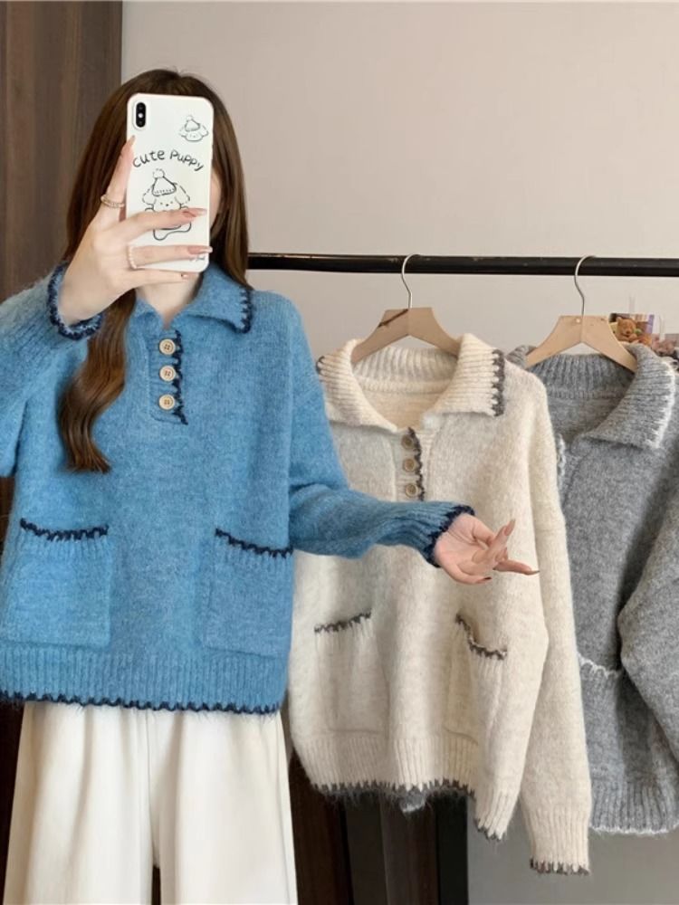 2025 Suéter de malha grosso com gola polo solta e preguiçosa para mulheres, outono e inverno, novo, slim fit, camada interna, camisa de base_voghion.com