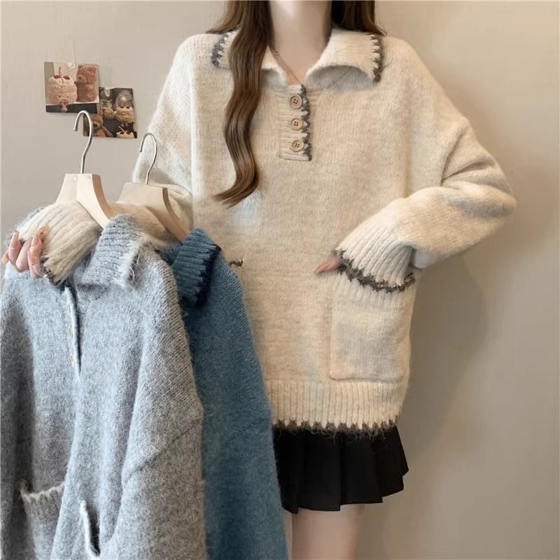 2025 Suéter de malha grosso com gola polo solta e preguiçosa para mulheres, outono e inverno, novo, slim fit, camada interna, camisa de base_voghion.com