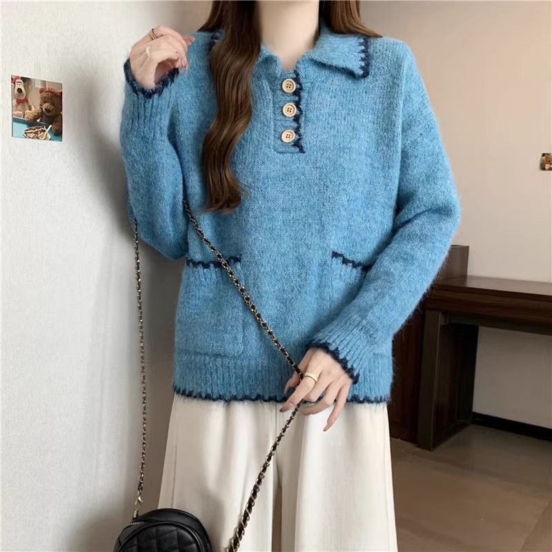 2025 Suéter de malha grosso com gola polo solta e preguiçosa para mulheres, outono e inverno, novo, slim fit, camada interna, camisa de base_voghion.com