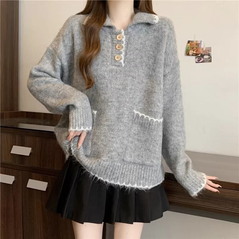 2025 Suéter de malha grosso com gola polo solta e preguiçosa para mulheres, outono e inverno, novo, slim fit, camada interna, camisa de base_voghion.com
