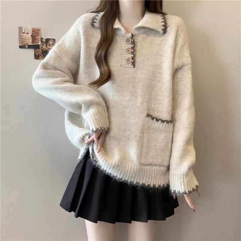 2025 Suéter de malha grosso com gola polo solta e preguiçosa para mulheres, outono e inverno, novo, slim fit, camada interna, camisa de base_voghion.com
