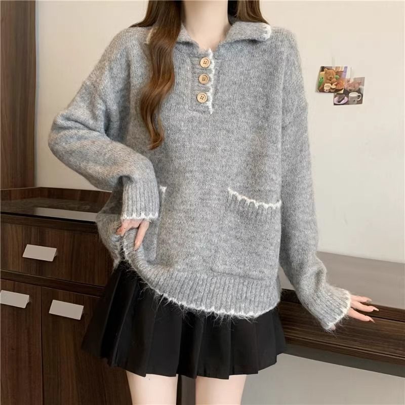 2025 Suéter de malha grosso com gola polo solta e preguiçosa para mulheres, outono e inverno, novo, slim fit, camada interna, camisa de base_voghion.com