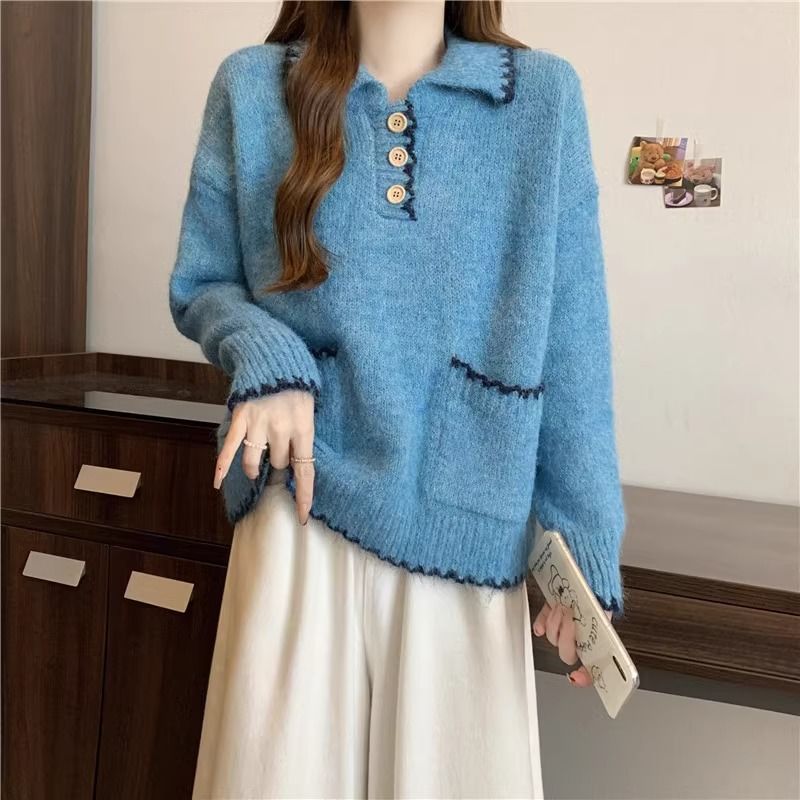 2025 Suéter de malha grosso com gola polo solta e preguiçosa para mulheres, outono e inverno, novo, slim fit, camada interna, camisa de base_voghion.com