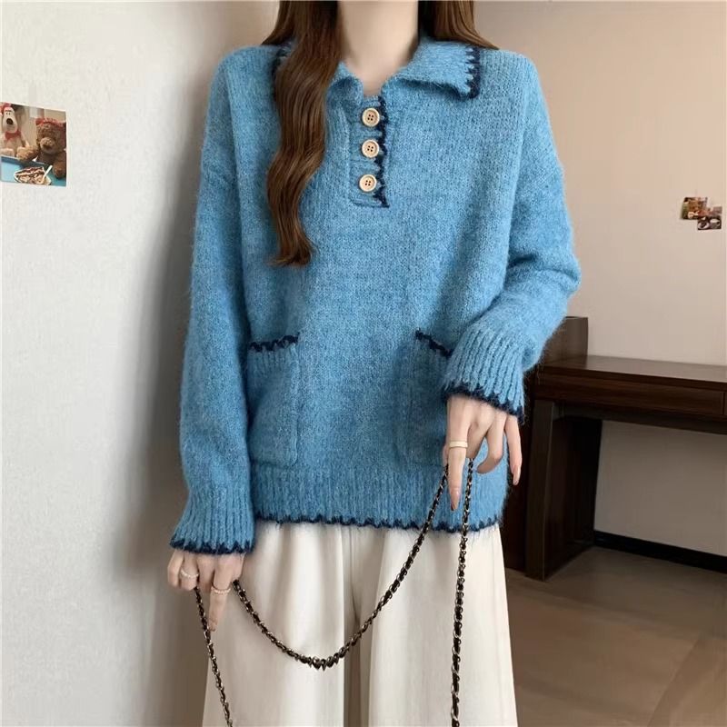 2025 Suéter de malha grosso com gola polo solta e preguiçosa para mulheres, outono e inverno, novo, slim fit, camada interna, camisa de base_voghion.com
