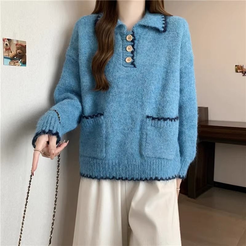 2025 Suéter de malha grosso com gola polo solta e preguiçosa para mulheres, outono e inverno, novo, slim fit, camada interna, camisa de base_voghion.com