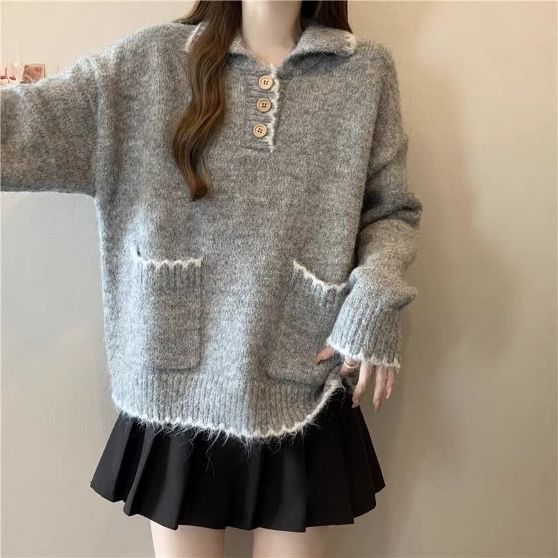 2025 Suéter de malha grosso com gola polo solta e preguiçosa para mulheres, outono e inverno, novo, slim fit, camada interna, camisa de base_voghion.com