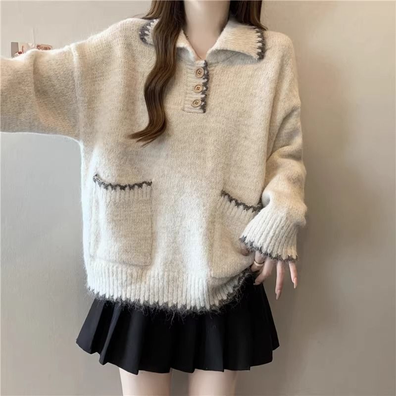 2025 Suéter de malha grosso com gola polo solta e preguiçosa para mulheres, outono e inverno, novo, slim fit, camada interna, camisa de base_voghion.com