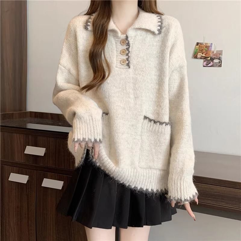 2025 Suéter de malha grosso com gola polo solta e preguiçosa para mulheres, outono e inverno, novo, slim fit, camada interna, camisa de base_voghion.com
