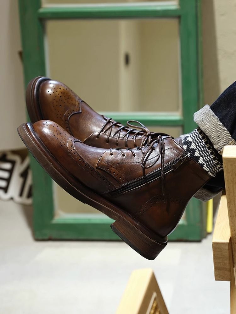 Thick-soled work boots British style hot Martin boots men's carved brick round-toe motorcycle boots men's high-top leather shoes