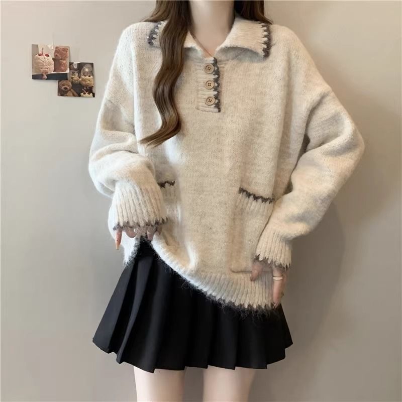 2025 Suéter de malha grosso com gola polo solta e preguiçosa para mulheres, outono e inverno, novo, slim fit, camada interna, camisa de base_voghion.com