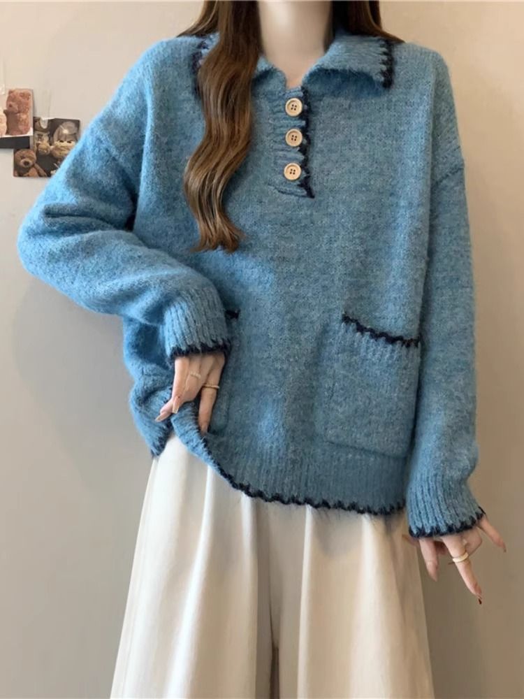 2025 Suéter de malha grosso com gola polo solta e preguiçosa para mulheres, outono e inverno, novo, slim fit, camada interna, camisa de base_voghion.com