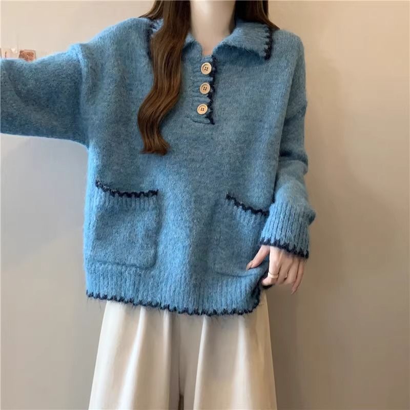2025 Suéter de malha grosso com gola polo solta e preguiçosa para mulheres, outono e inverno, novo, slim fit, camada interna, camisa de base_voghion.com