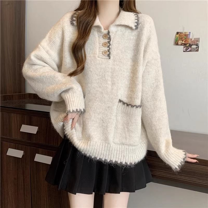 2025 Suéter de malha grosso com gola polo solta e preguiçosa para mulheres, outono e inverno, novo, slim fit, camada interna, camisa de base_voghion.com