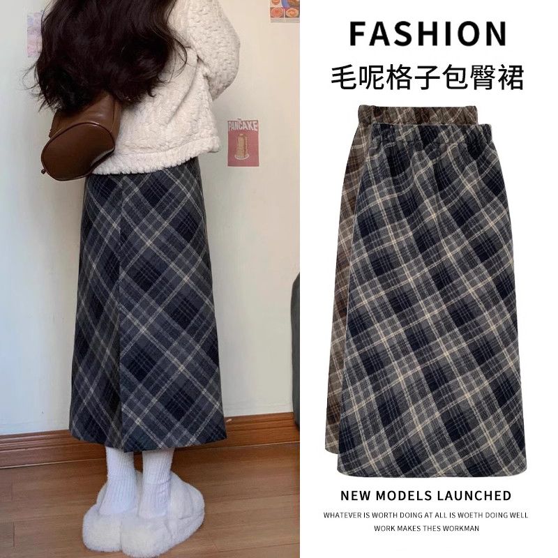 复古毛呢格子半身裙女2026秋冬新款开叉高腰显瘦中长款A字一步裙