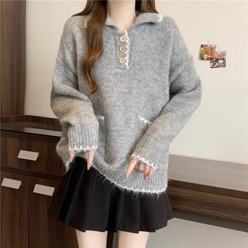 2025 Suéter de malha grosso com gola polo solta e preguiçosa para mulheres, outono e inverno, novo, slim fit, camada interna, camisa de base_voghion.com