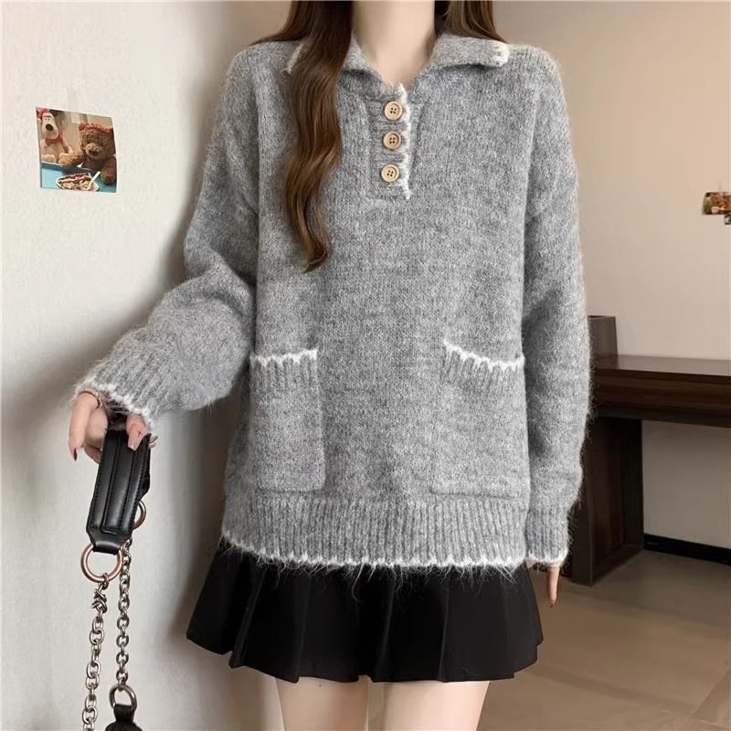 2025 Suéter de malha grosso com gola polo solta e preguiçosa para mulheres, outono e inverno, novo, slim fit, camada interna, camisa de base_voghion.com