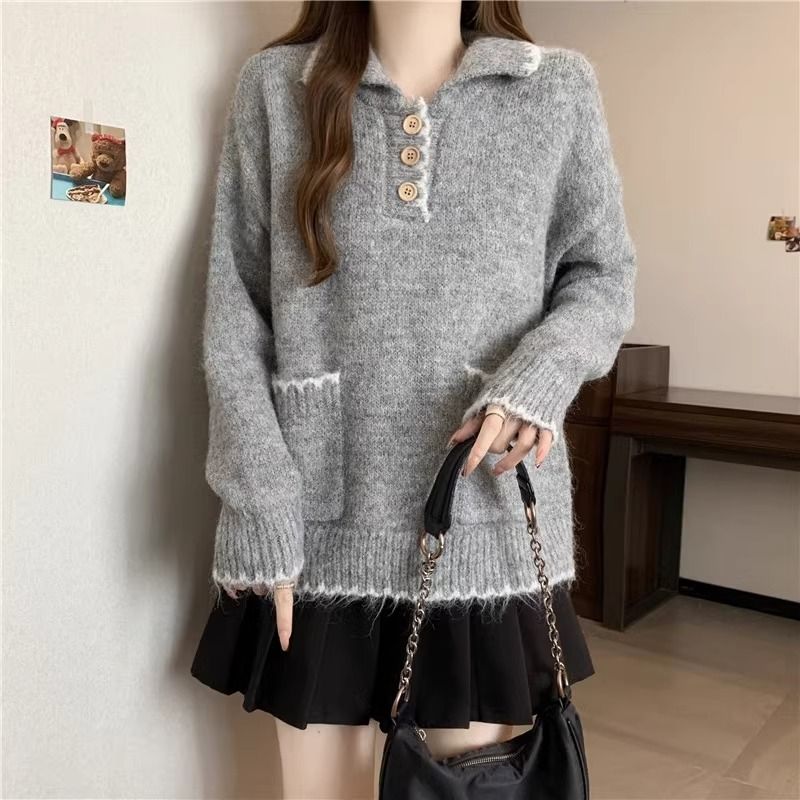 2025 Suéter de malha grosso com gola polo solta e preguiçosa para mulheres, outono e inverno, novo, slim fit, camada interna, camisa de base_voghion.com