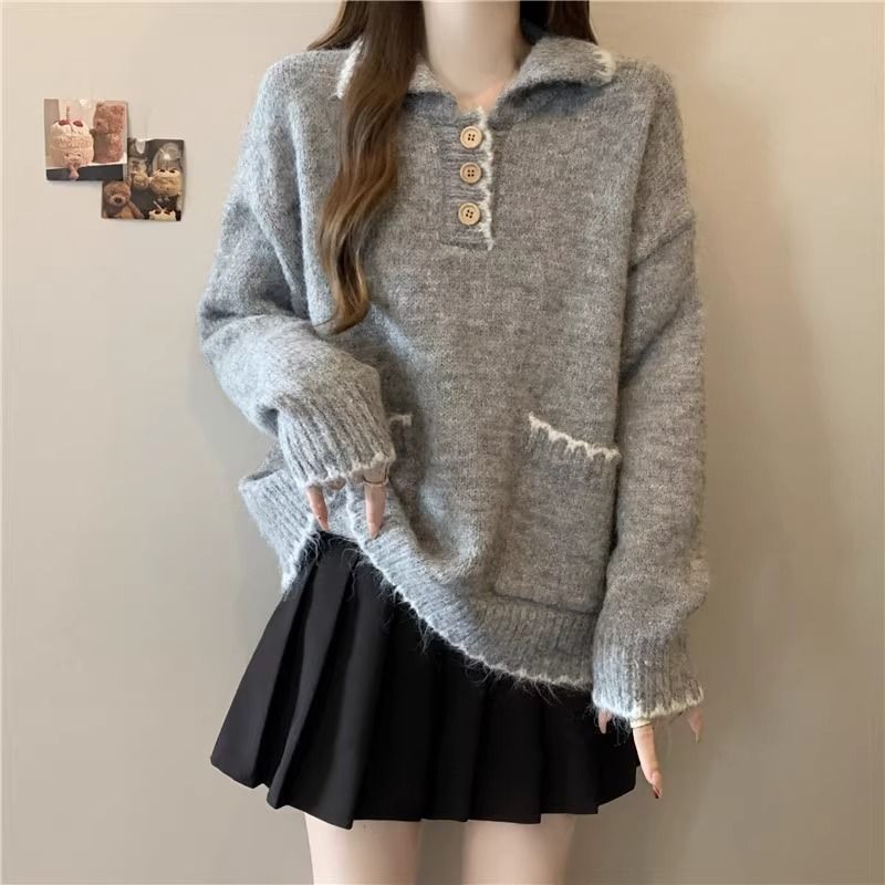 2025 Suéter de malha grosso com gola polo solta e preguiçosa para mulheres, outono e inverno, novo, slim fit, camada interna, camisa de base_voghion.com