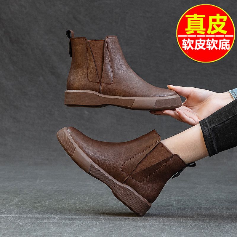 真皮短靴女春秋季单靴厚底英伦风马丁靴圆头加绒短筒靴子切尔西靴