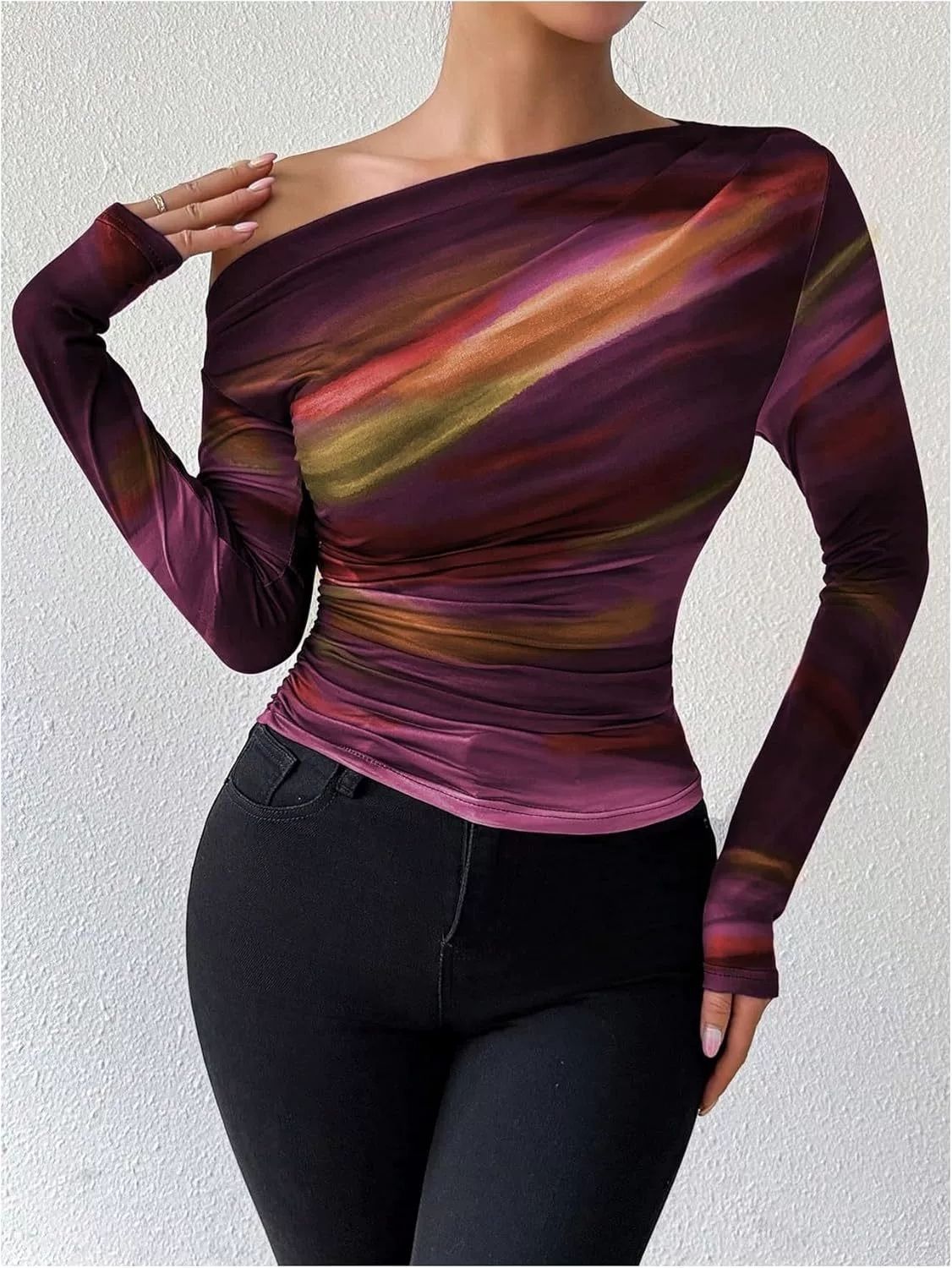 2025 Spring New Fashion Tie-Dye Print Asymmetric Ruffle Long Sleeve T-Shirt_ecoleips.com