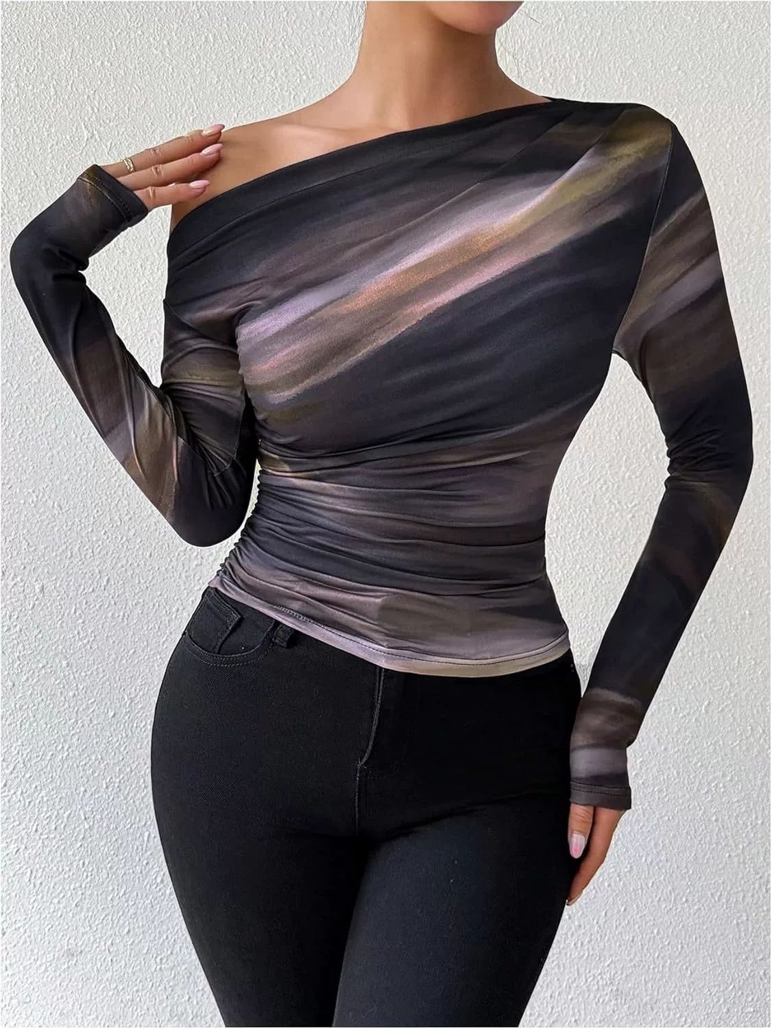 2025 Spring New Fashion Tie-Dye Print Asymmetric Ruffle Long Sleeve T-Shirt_ecoleips.com