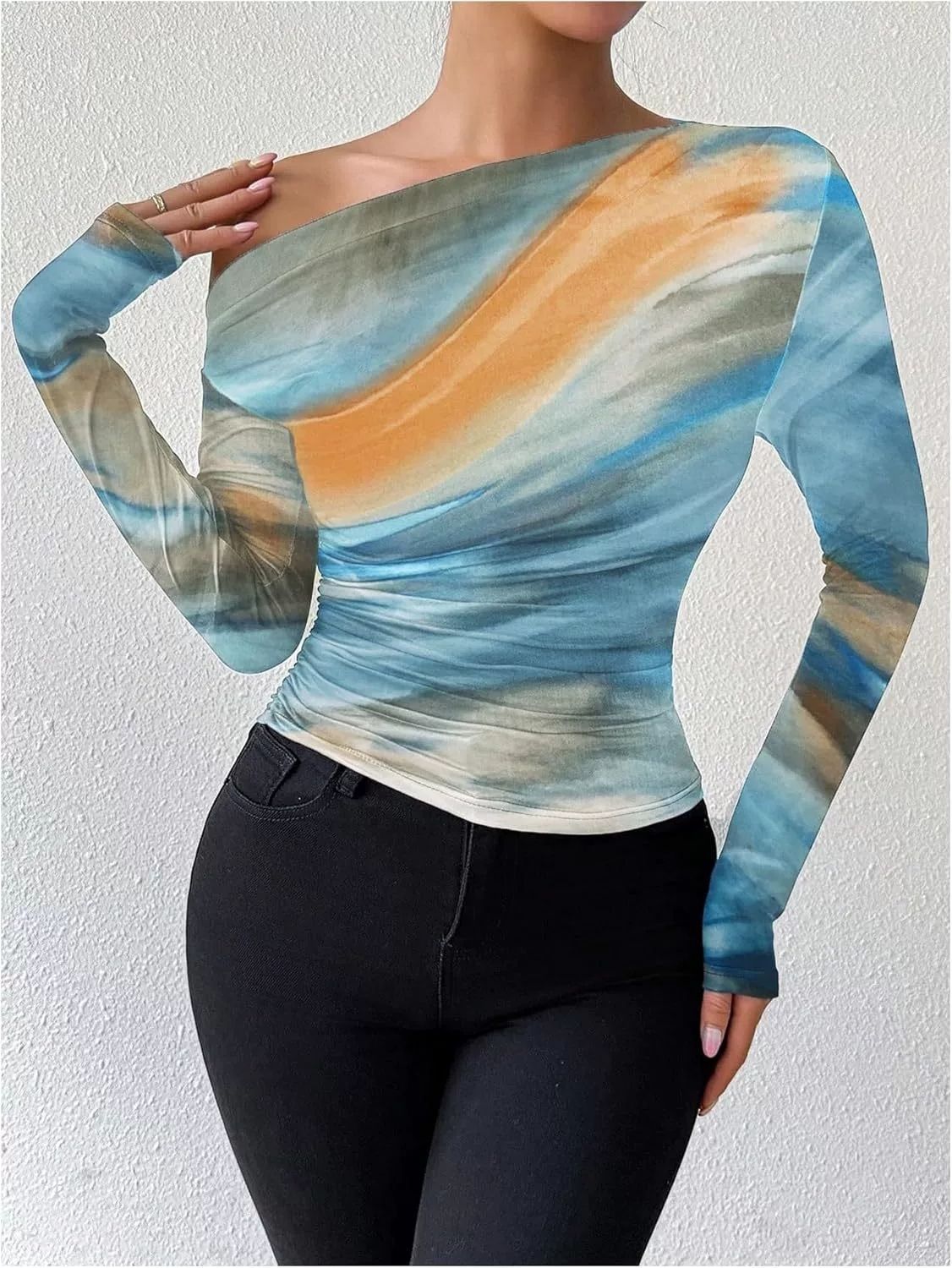2025 Spring New Fashion Tie-Dye Print Asymmetric Ruffle Long Sleeve T-Shirt_ecoleips.com