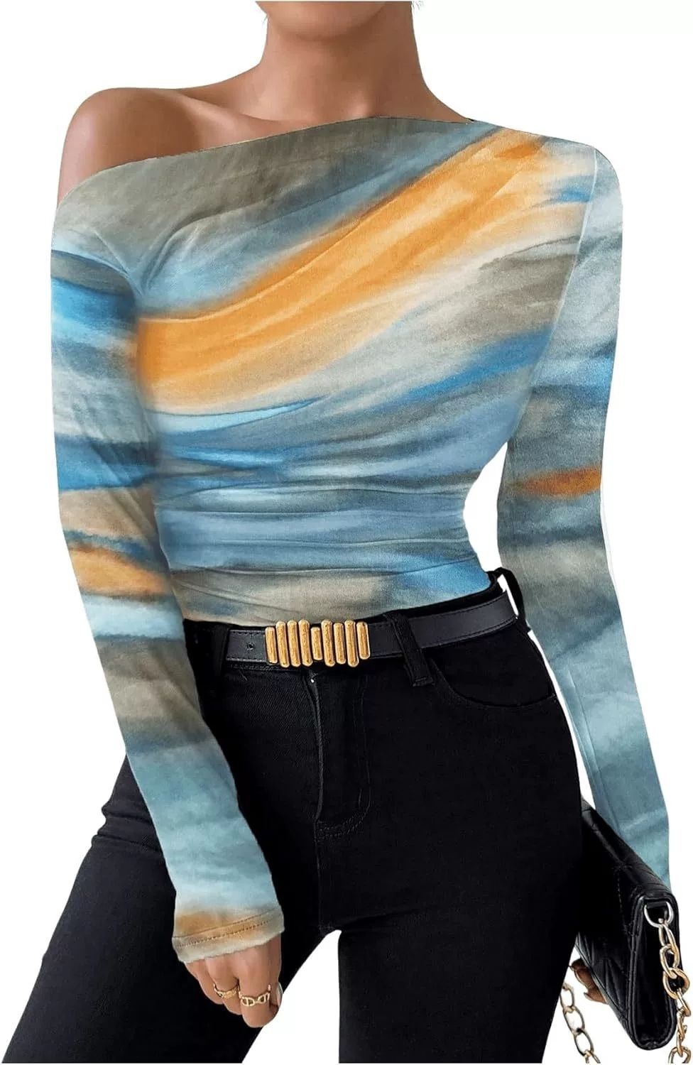 2025 Spring New Fashion Tie-Dye Print Asymmetric Ruffle Long Sleeve T-Shirt_ecoleips.com