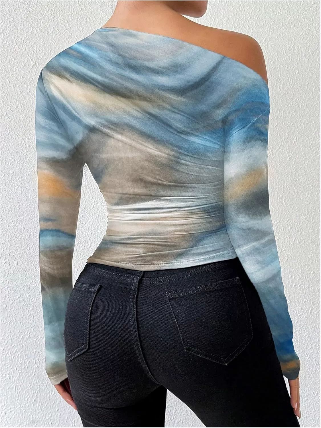2025 Spring New Fashion Tie-Dye Print Asymmetric Ruffle Long Sleeve T-Shirt_ecoleips.com