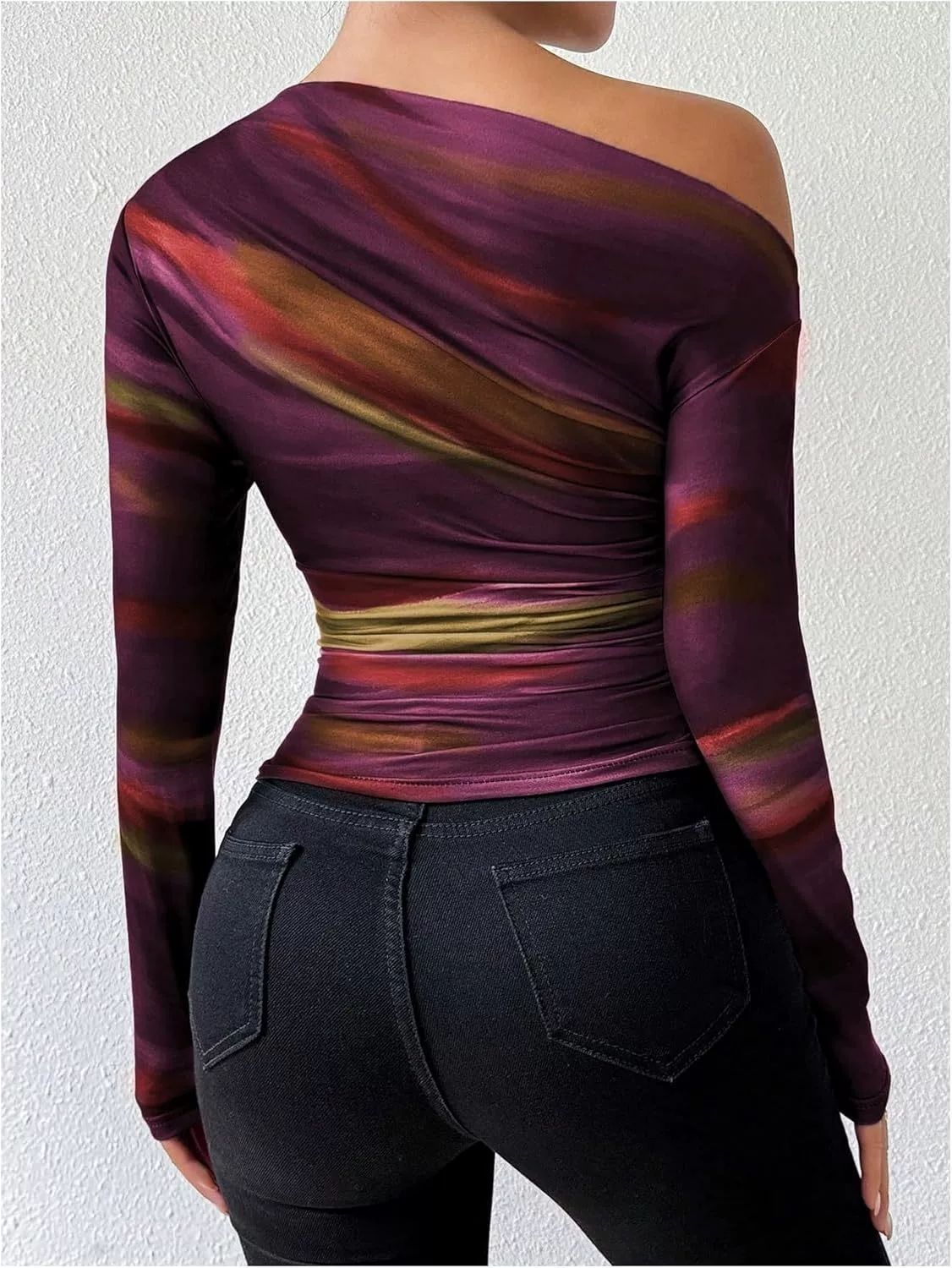 2025 Spring New Fashion Tie-Dye Print Asymmetric Ruffle Long Sleeve T-Shirt_ecoleips.com