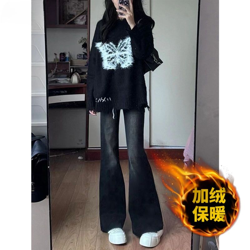 AMYOVE加绒小个子黑灰色微喇牛仔裤女秋冬款修身显高显瘦双扣拖地