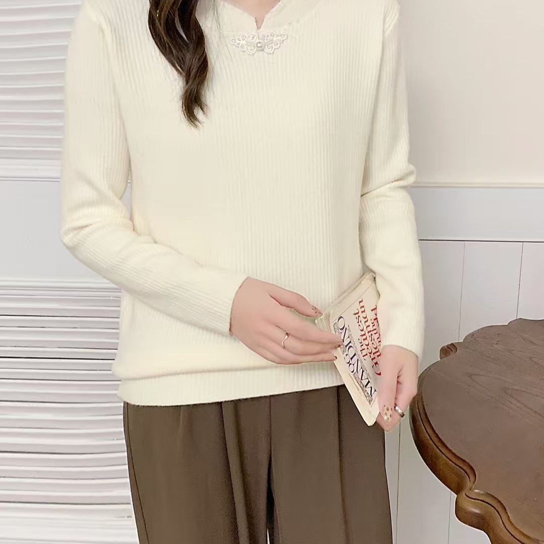 2024冬季新款毛衣女立领钉珠中国风一体绒保暖加厚针织打底衫女