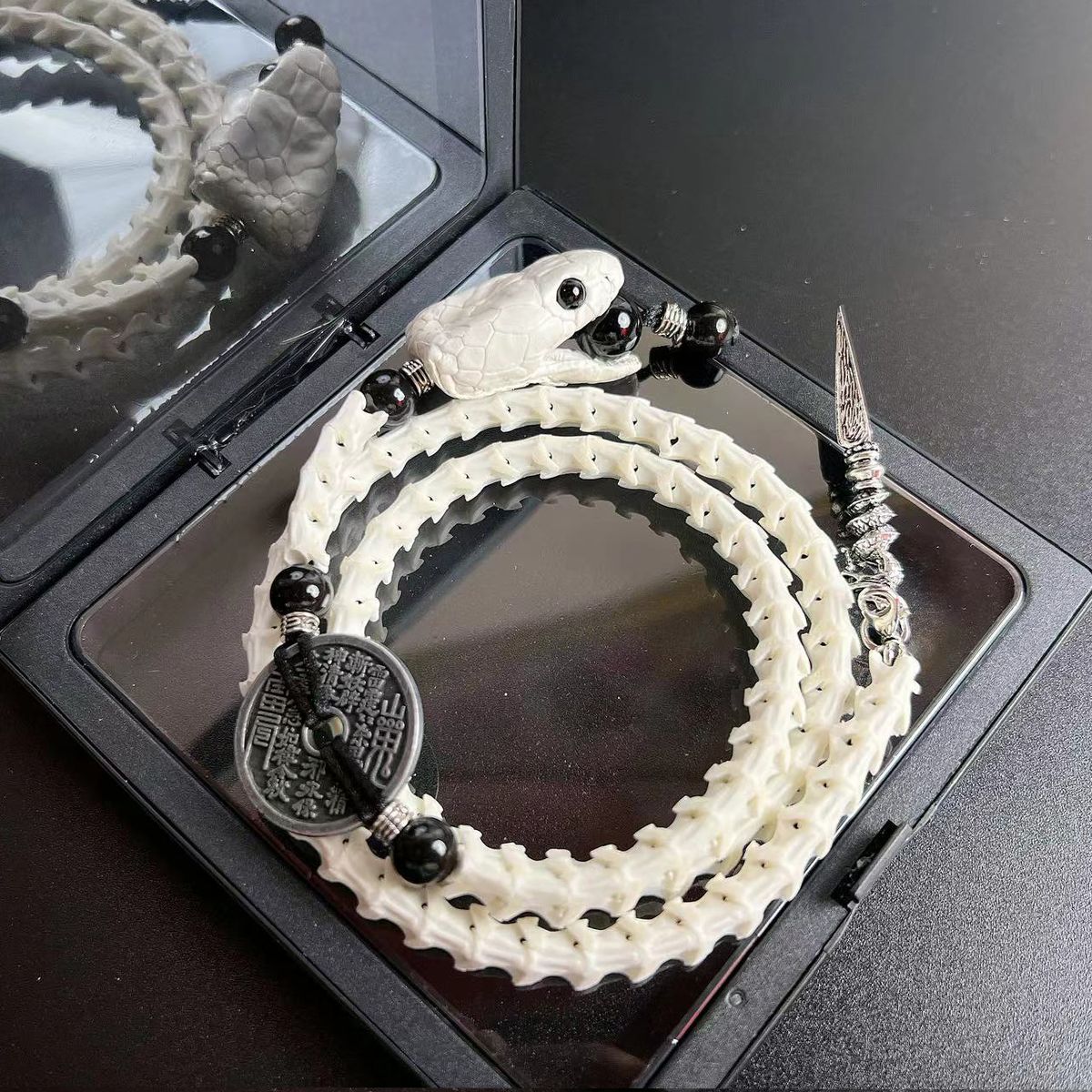 現貨】保真蛇骨手串天然男女三圈手鏈禮物純手工文玩山鬼花錢手鏈真蛇骨 