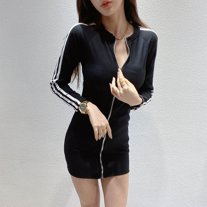 Sexy dress temperament Spring and autumn new fashionable zipper short skirt tight waist slimming base long sleeve hip-cover skirt