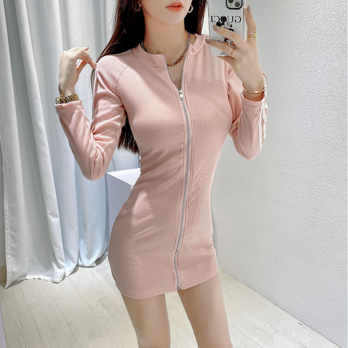 Sexy dress temperament Spring and autumn new fashionable zipper short skirt tight waist slimming base long sleeve hip-cover skirt