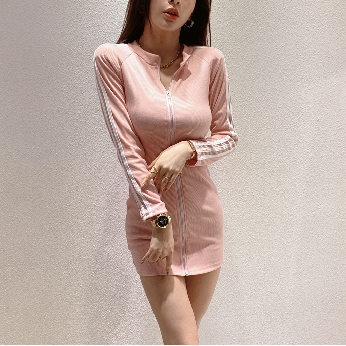 Sexy dress temperament Spring and autumn new fashionable zipper short skirt tight waist slimming base long sleeve hip-cover skirt