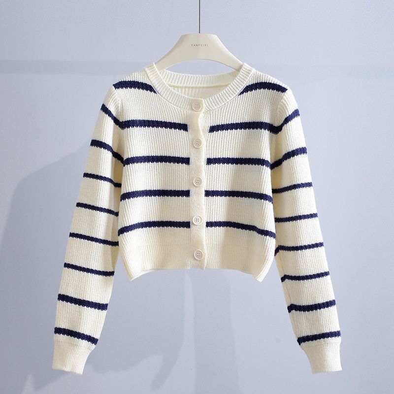 韩版短款条纹小个子针织衫长袖开衫外套圆领毛衣2024 春季新款