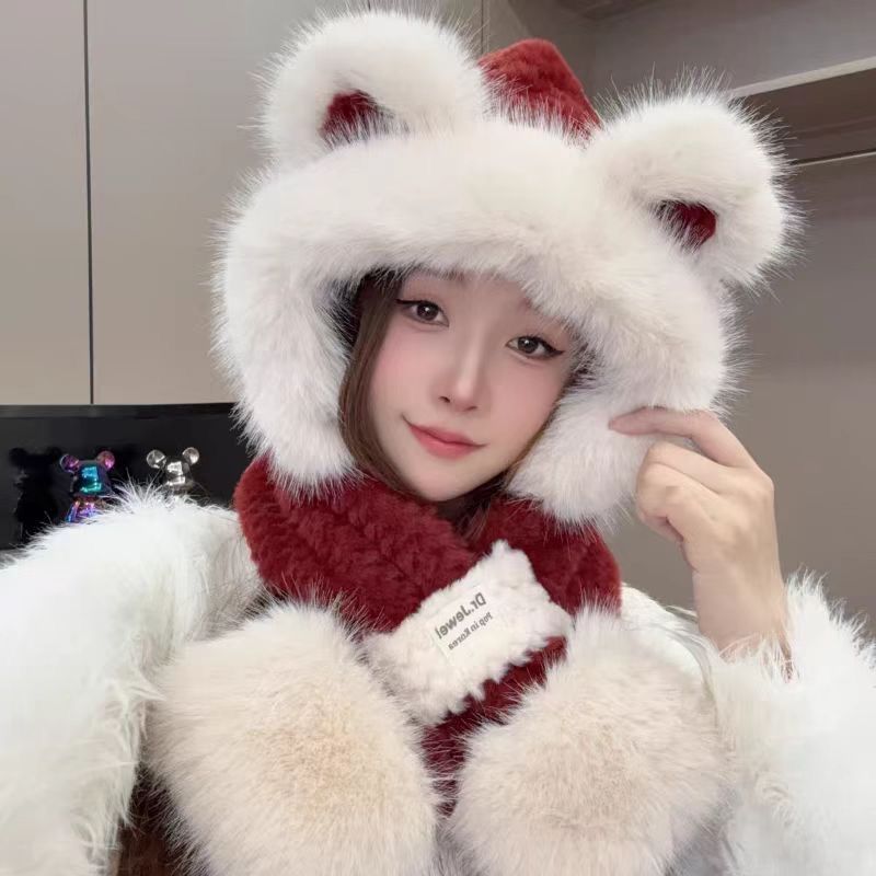 秋冬季可爱加厚保暖帽子围巾一体冬天毛绒小熊防寒骑车护耳围脖