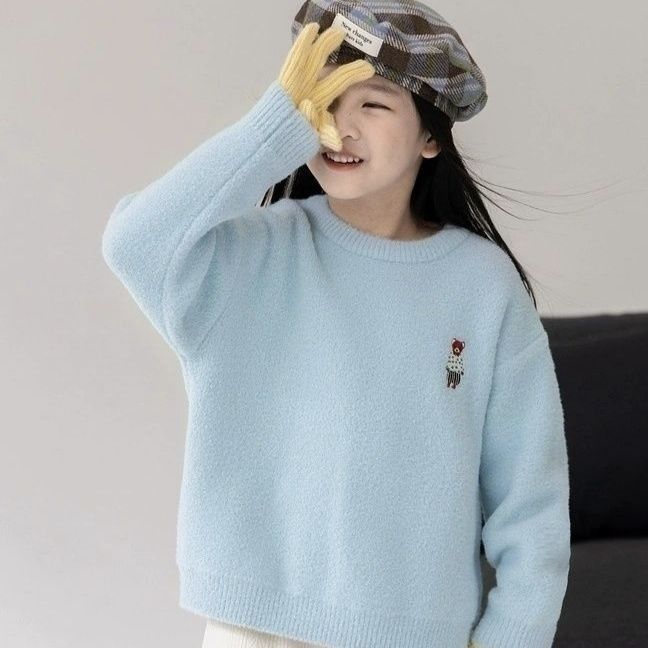 女童高品质不起球一体绒圆领针织洋气打底加绒加厚公主风毛衣