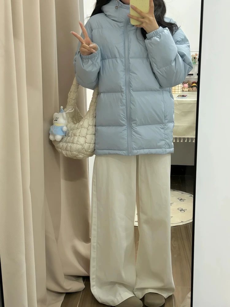 Doudoune courte blanche style hiver 2025 pour femme, à capuche, ample, chaude, pour couple, manteau épais_voghion.com