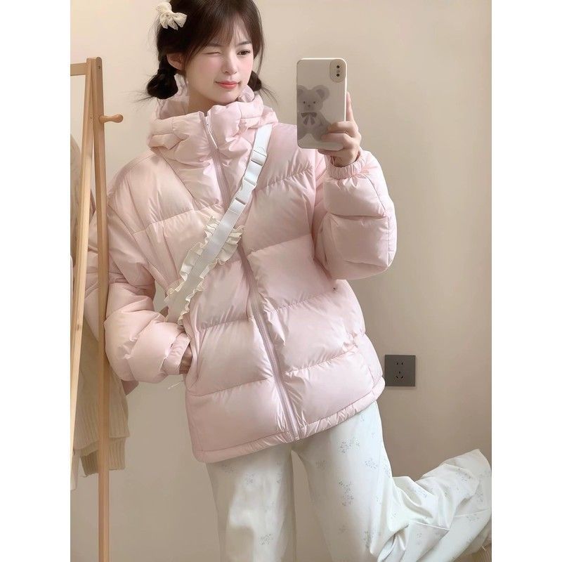 Doudoune courte blanche style hiver 2025 pour femme, à capuche, ample, chaude, pour couple, manteau épais_voghion.com