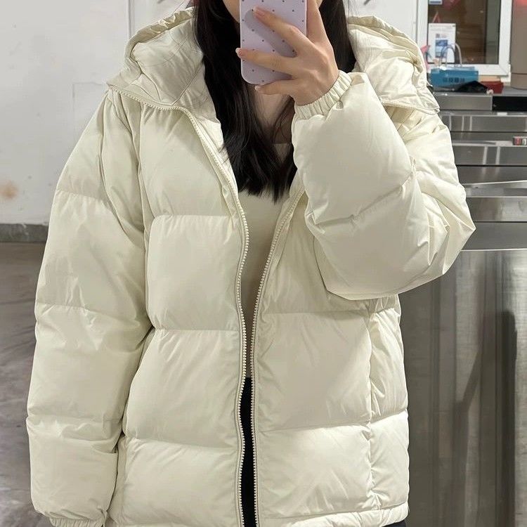 Doudoune courte blanche style hiver 2025 pour femme, à capuche, ample, chaude, pour couple, manteau épais_voghion.com