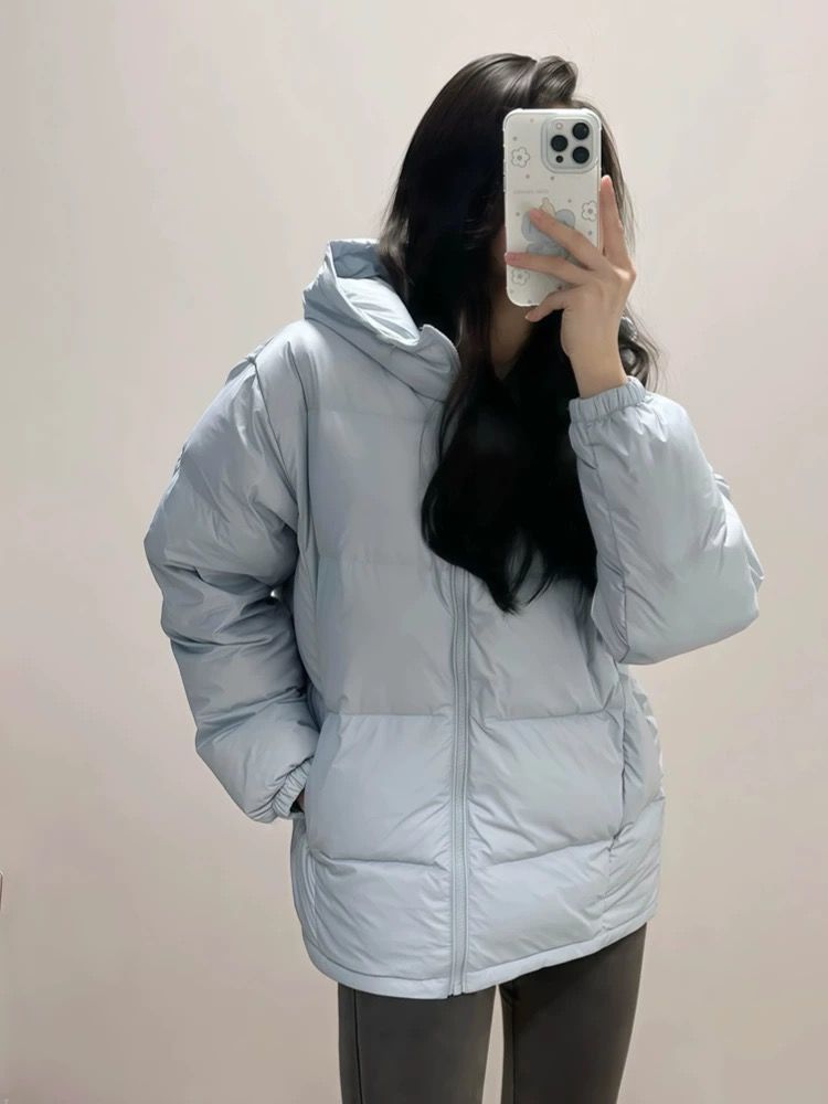 Doudoune courte blanche style hiver 2025 pour femme, à capuche, ample, chaude, pour couple, manteau épais_voghion.com