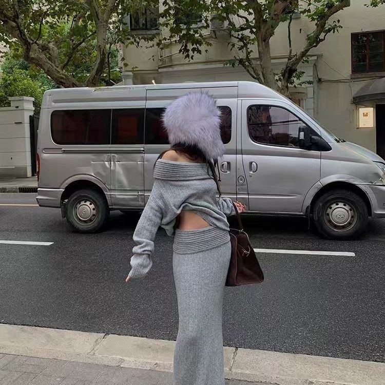 新款翻领露肩设计感针织高腰时尚包臀半裙时髦减龄套装女