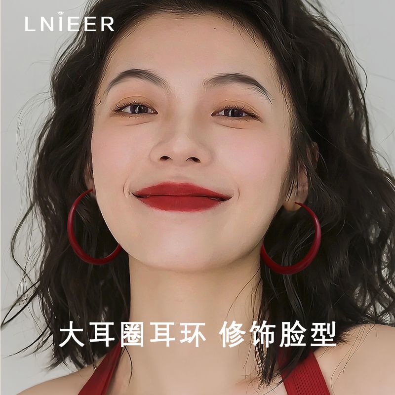 LNIEER复古港风素圈耳环圈圈女高级感时尚显脸小大圆圈红色耳饰