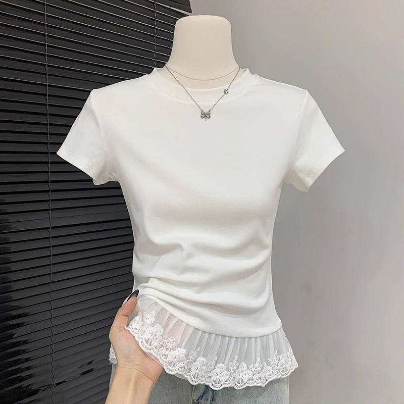 蕾丝边白色纯欲正肩纯棉短袖T恤女春夏气质内搭修身显瘦上衣